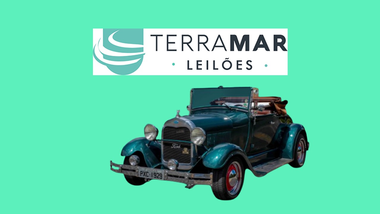 Carro antigo e logo TerraMar Leilões